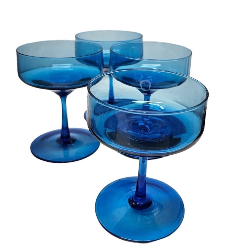 Hand Blown Cobalt Blue Champagne Wine Goblets Set Of Four Must-see Beauties